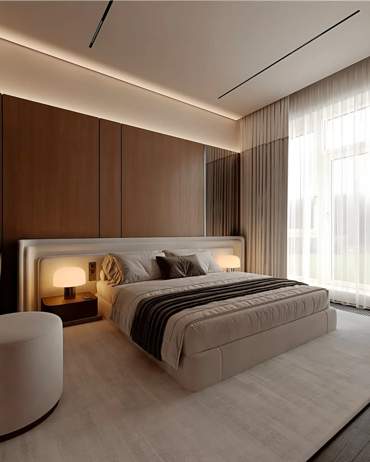 Vue 3D d'une chambre habillée de bois sous rampant avec lit double