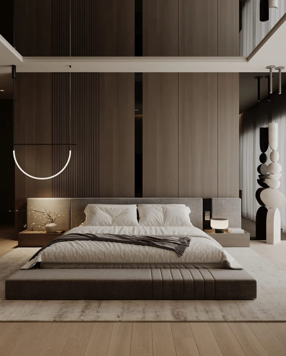 Vue 3D d'une chambre sombre avec lit plateforme et tête de lit habillée
