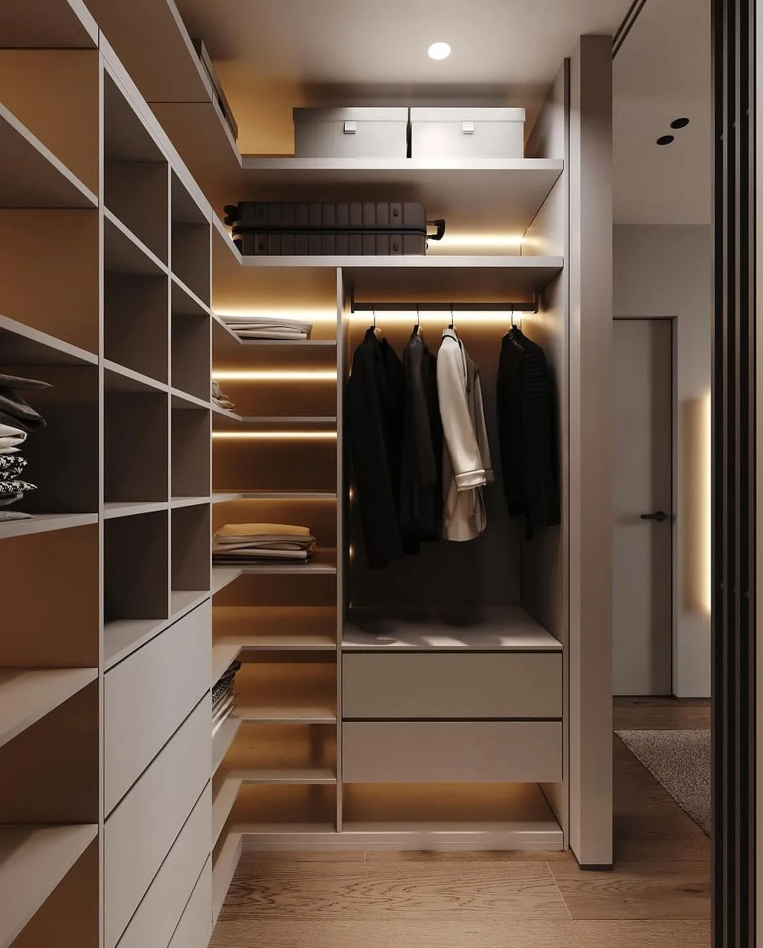 Vue 3D d'un dressing ouvert avec niches éclairées et penderies