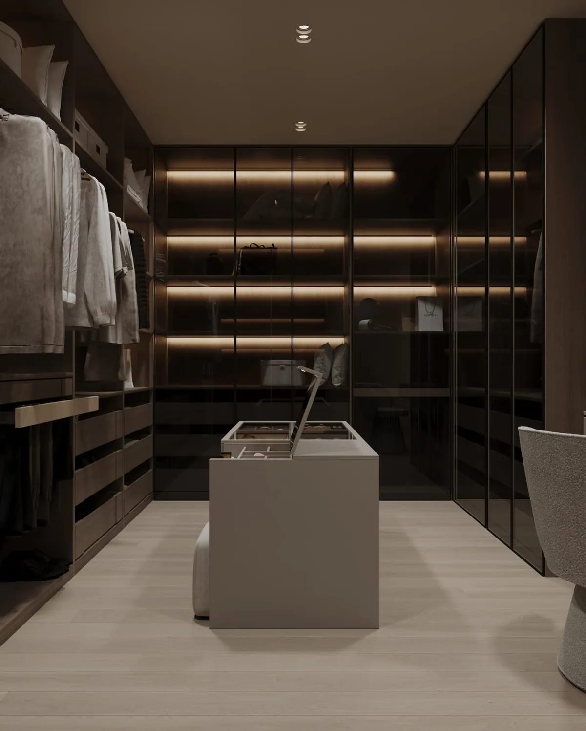 Vue 3D d'un dressing en verre fumé avec îlot central et éclairage de niches