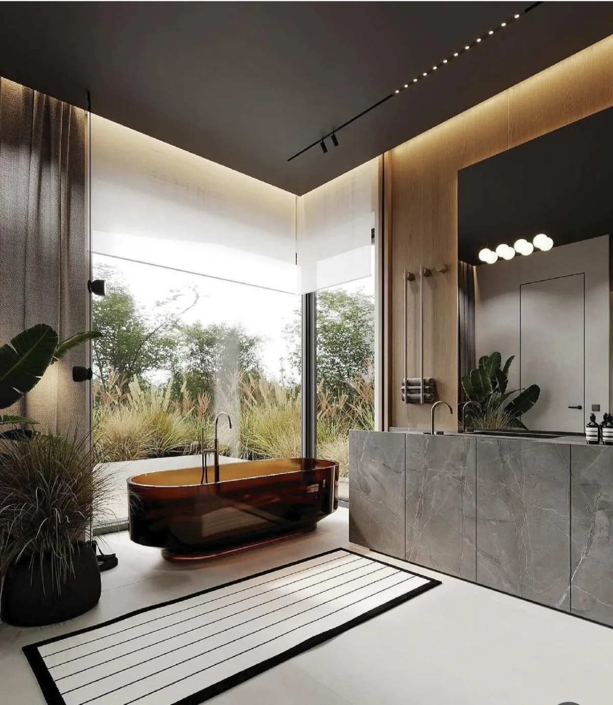 Vue 3D d'une salle de bains avec baignoire îlot et baie vitrée sur un jardin