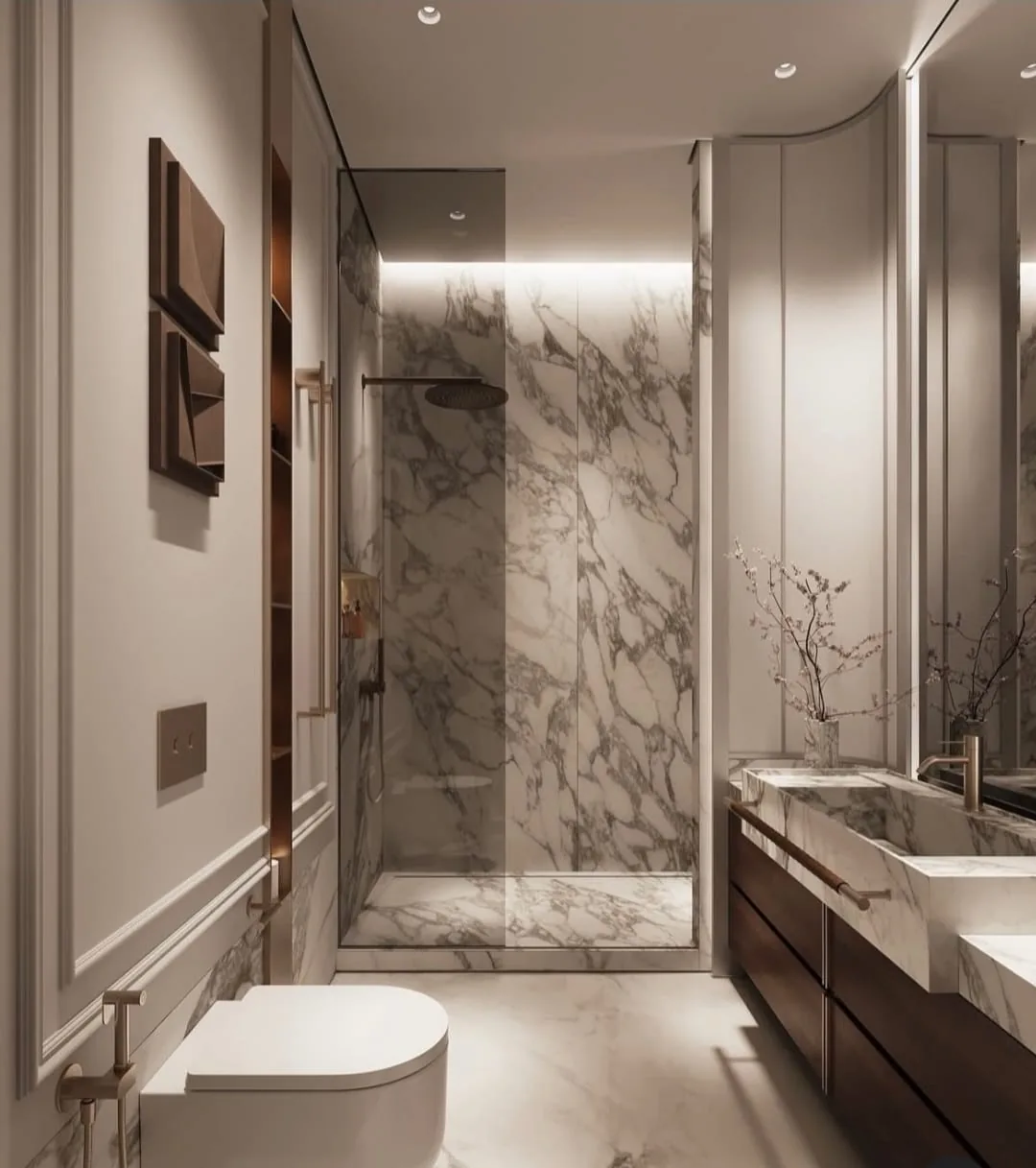 Vue 3D d'une salle de bains en marbre avec douche vitrée et vasque à poser