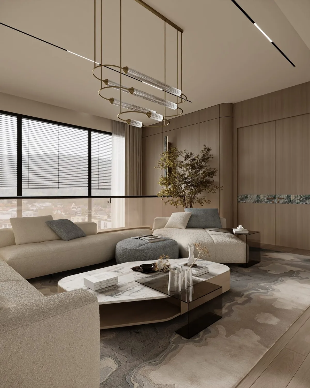 Vue 3D d'un séjour ouvert avec canapé d'angle beige, tables basses et panneaux muraux bois
